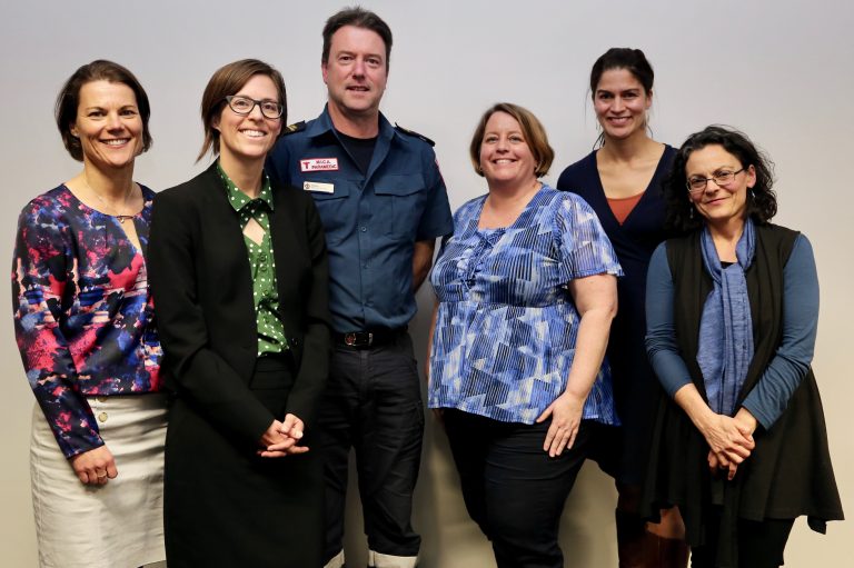 Guest Panel: From left to right: Sarah Ireland, One Girl; Shaun Whitmore, Ambulance Victoria/Australian Medical Assistance Team; Natasha Freeman, Australian Red Cross; Patricia Schwerdtle, Médecins Sans Frontières; and, Lisa Natoli, Australian Red Cross.