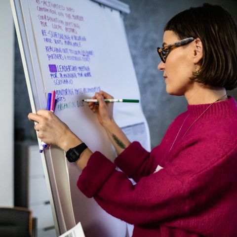 A woman wearing a pink top and glasses writes on a large piece of paper on a whiteboard.