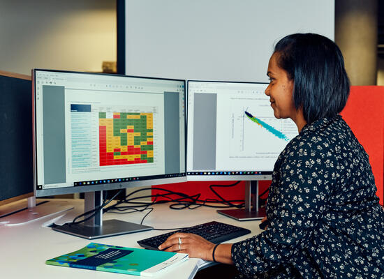 A woman looks at a computer monitor.